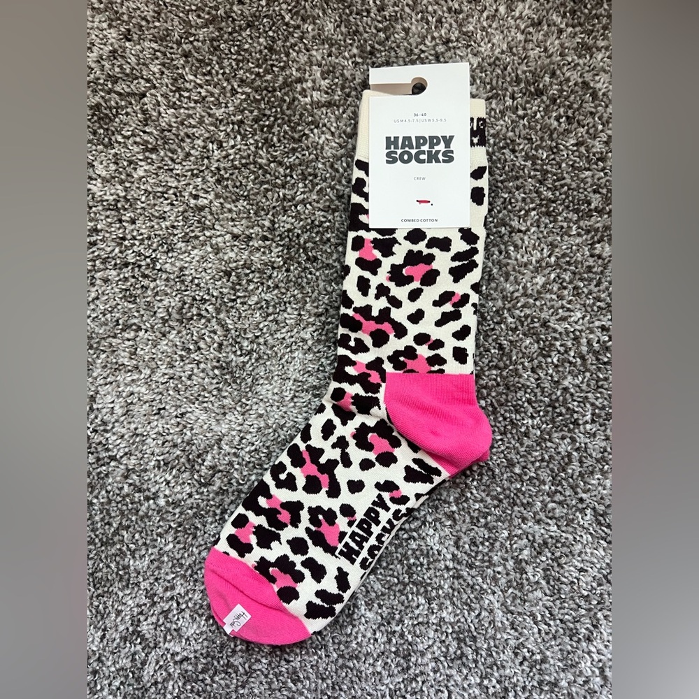 New Happy Socks Leopard Print Crew Socks Pink Black Combed Cotton Size 36–40
